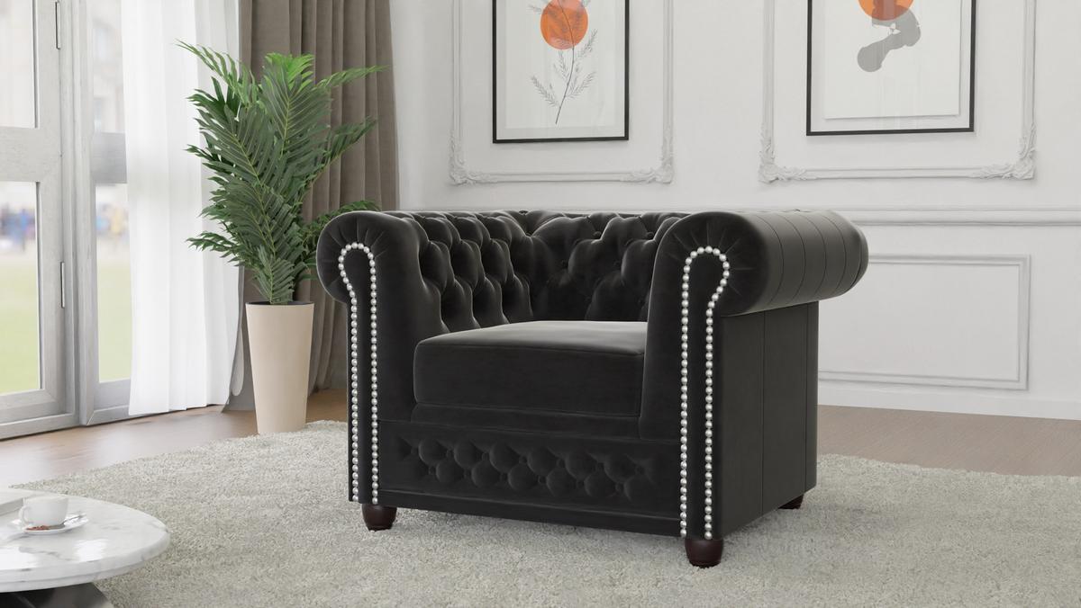CHESTERFIELD-SESSEL Nyx Schwarz Samt - Schwarz/Braun, Holz/Textil (94/72/86cm) - S-Style Möbel