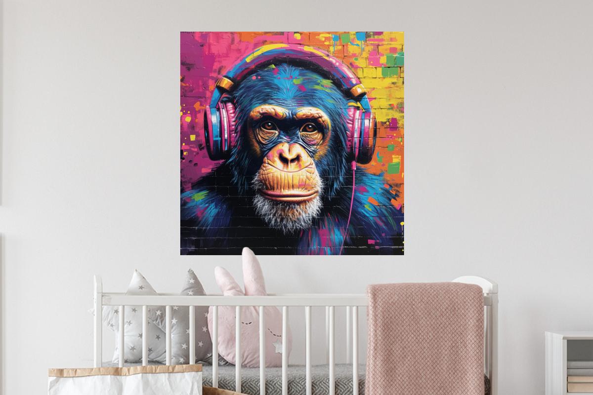 WANDTATTOO Graffiti - Schimpanse - Straßenkunst - Kopfhörer - Affe Wanddeko 50x50 cm - Blau, Kunststoff (50/50/0.1cm) - MuchoWow