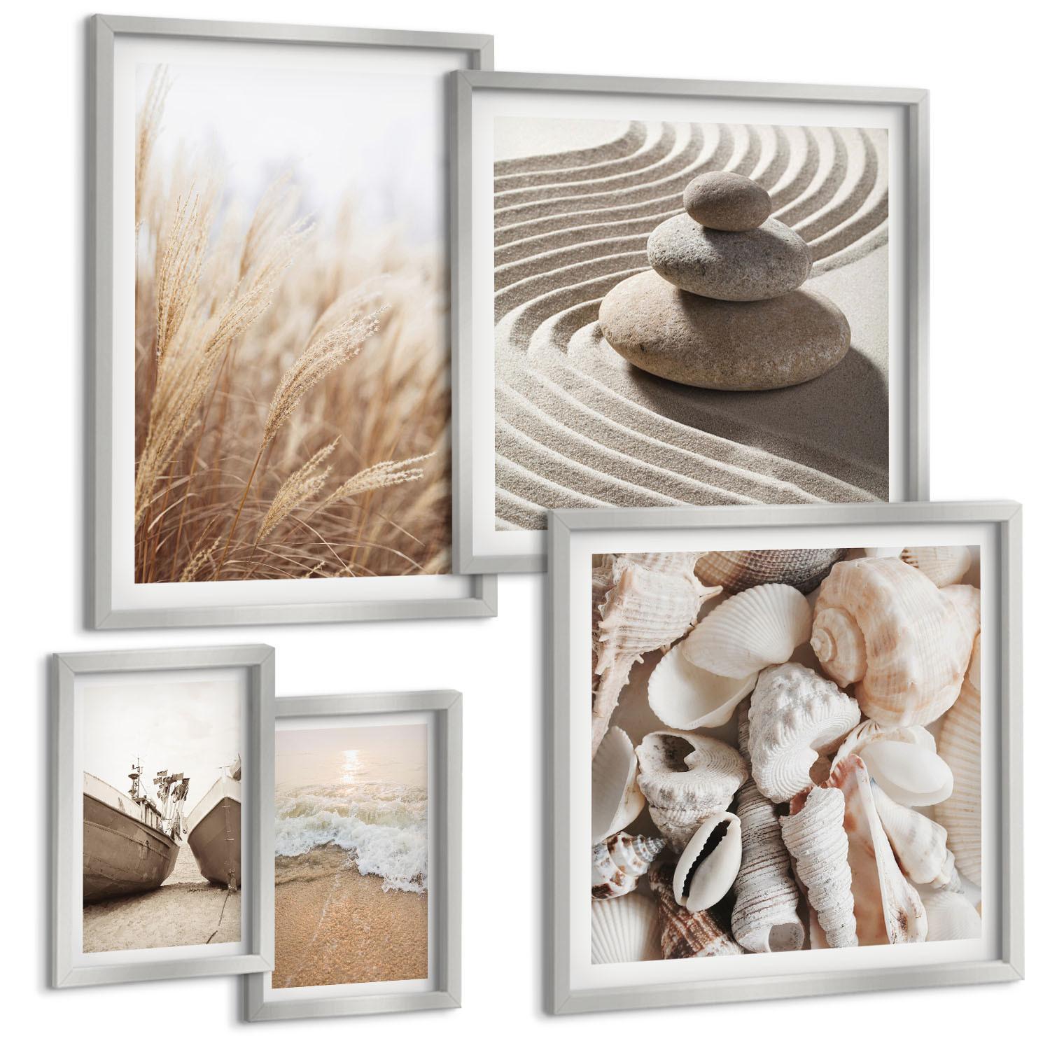 BILDER SET 5er Set - 50x50 cm & 20x30 cm & 40x60 cm Silberner Rahmen - Wolkenmeer, Traumfänger, Gras - Silberfarben, Kunststoff (40/60cm) - TULUP
