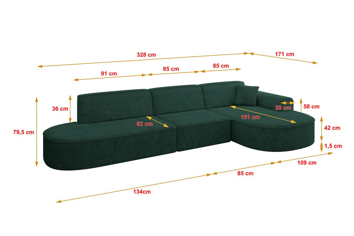 ECKSOFA Ottomane Rechts MARI-L2 - 328x171x79 cm Grün Velours - Schwarz/Grün, Holzwerkstoff/Kunststoff (171/328cm) - ALTDECOR