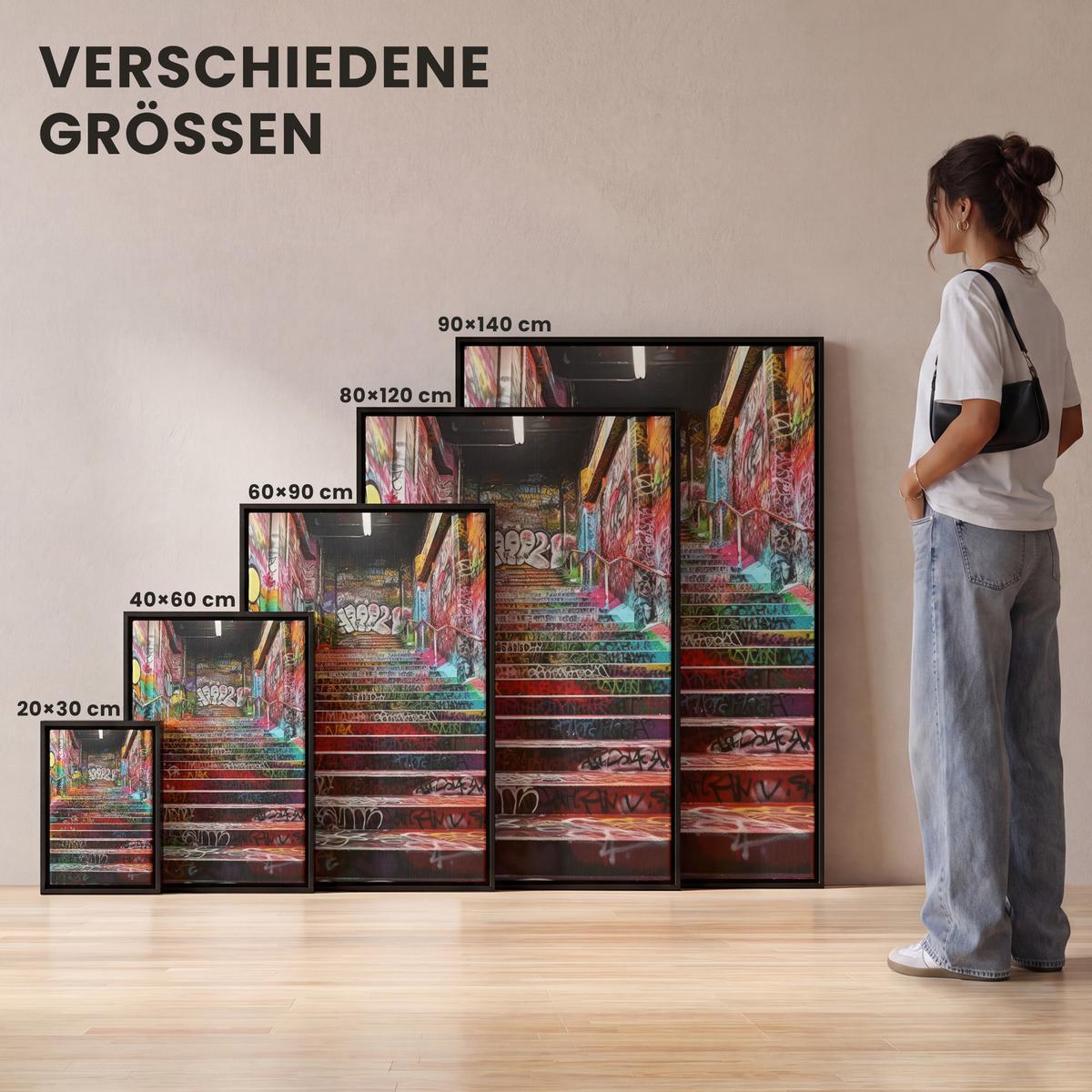LEINWAND Bilder mit Rahmen - Treppe - Graffiti - Farben - Kunst - 100x150 - Multicolor, Textil (100/150cm) - MuchoWow