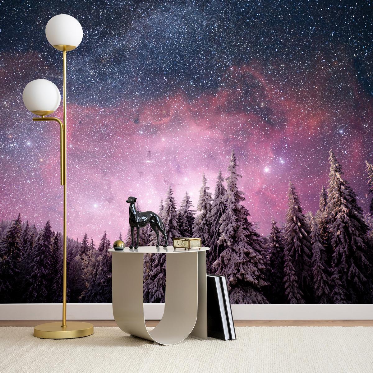 FOTOTAPETE für Schlafzimmer Verzauberter Tannenwald Winter Aurora 350x256 - Violett/Schwarz, Papier (350/256cm) - Muralo