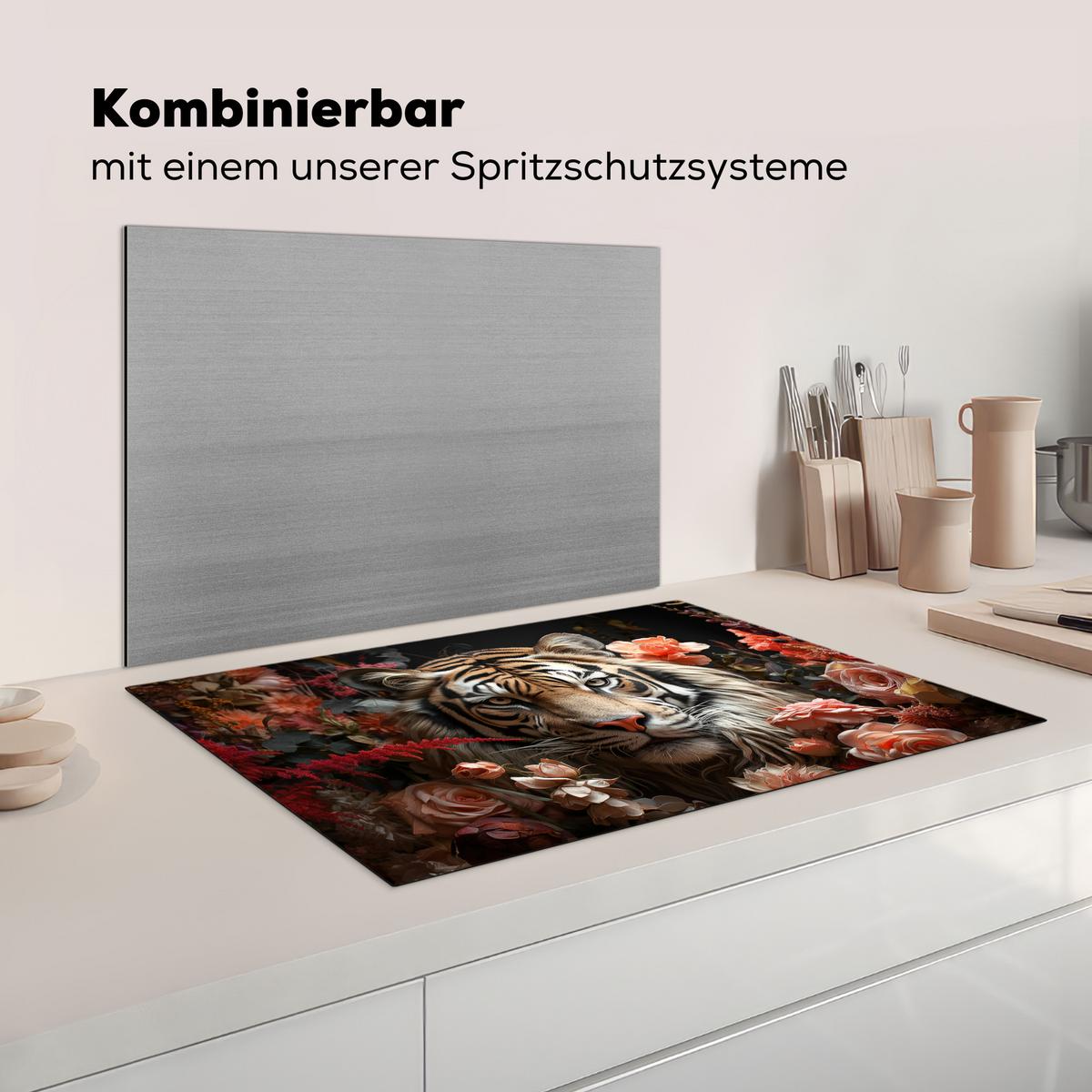 HERDABDECKPLATTE Tiger - Tier - Natur - Floral - Botanisch Induktionsschutz 80x52.2 cm - Orange, Kunststoff (80.2/52.2/0.2cm) - MuchoWow
