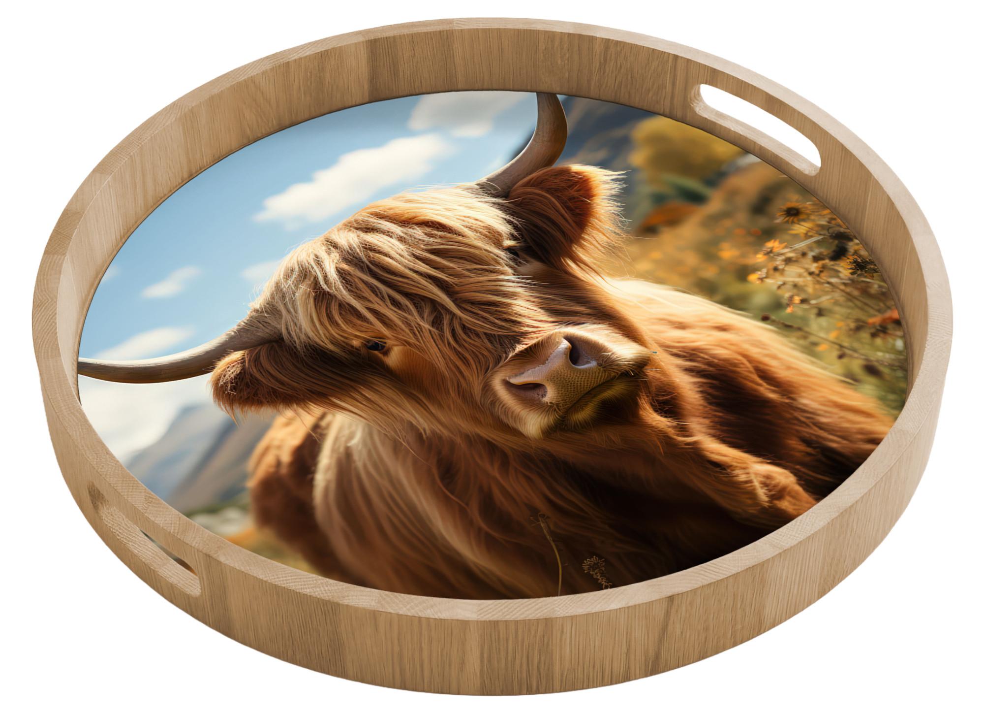 TABLETT Schottische Highlander - Blumen - Hörner - Wolken 50x50 cm - Braun, Holz (50/5/5cm) - OnlyWow