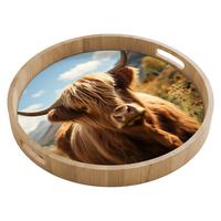 TABLETT Schottische Highlander - Blumen - Hörner - Wolken 50x50 cm - Braun, Holz (50/5/5cm) - OnlyWow