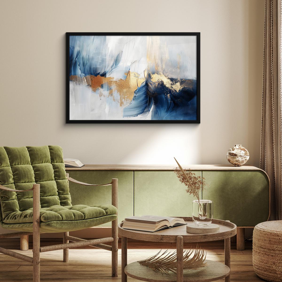 POSTER MIT RAHMENGERAHMTES BILD Gold - Blau - Aquarell - Kunst - Modern 90x60 cm - Hellblau, Papier (90/60cm) - MuchoWow