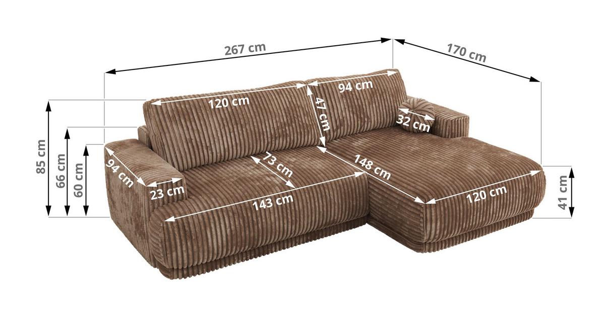 ECKSCHLAFSOFA RINA L Braun Cord - rechts - Schwarz/Braun, Kunststoff/Textil (170/267cm) - MKS