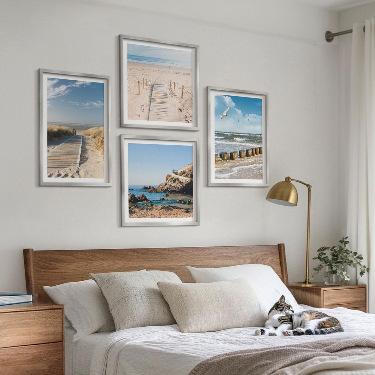 BILDER SET 4er Set - 50x50 cm & 40x60 cm Silberner Rahmen - Strand, Sand, Wellen, Himmel, Vögel - Silberfarben, Kunststoff (50/50cm) - TULUP