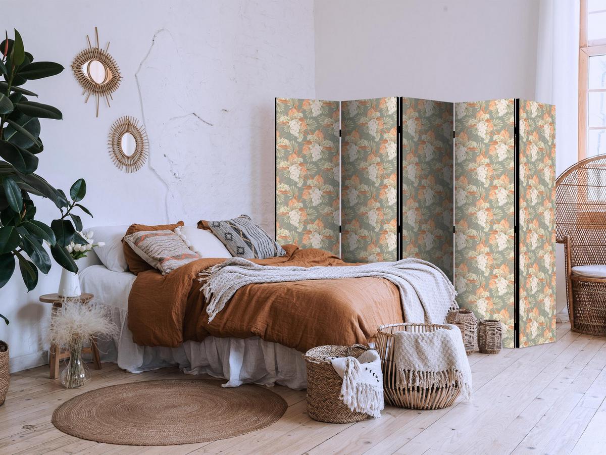 PARAVENT Einseitig Bedruckter 5-tlg 225x172 cm Tropische Blätter und Orchideen - Grün, Holz/Textil (225/172/3cm) - Muralo