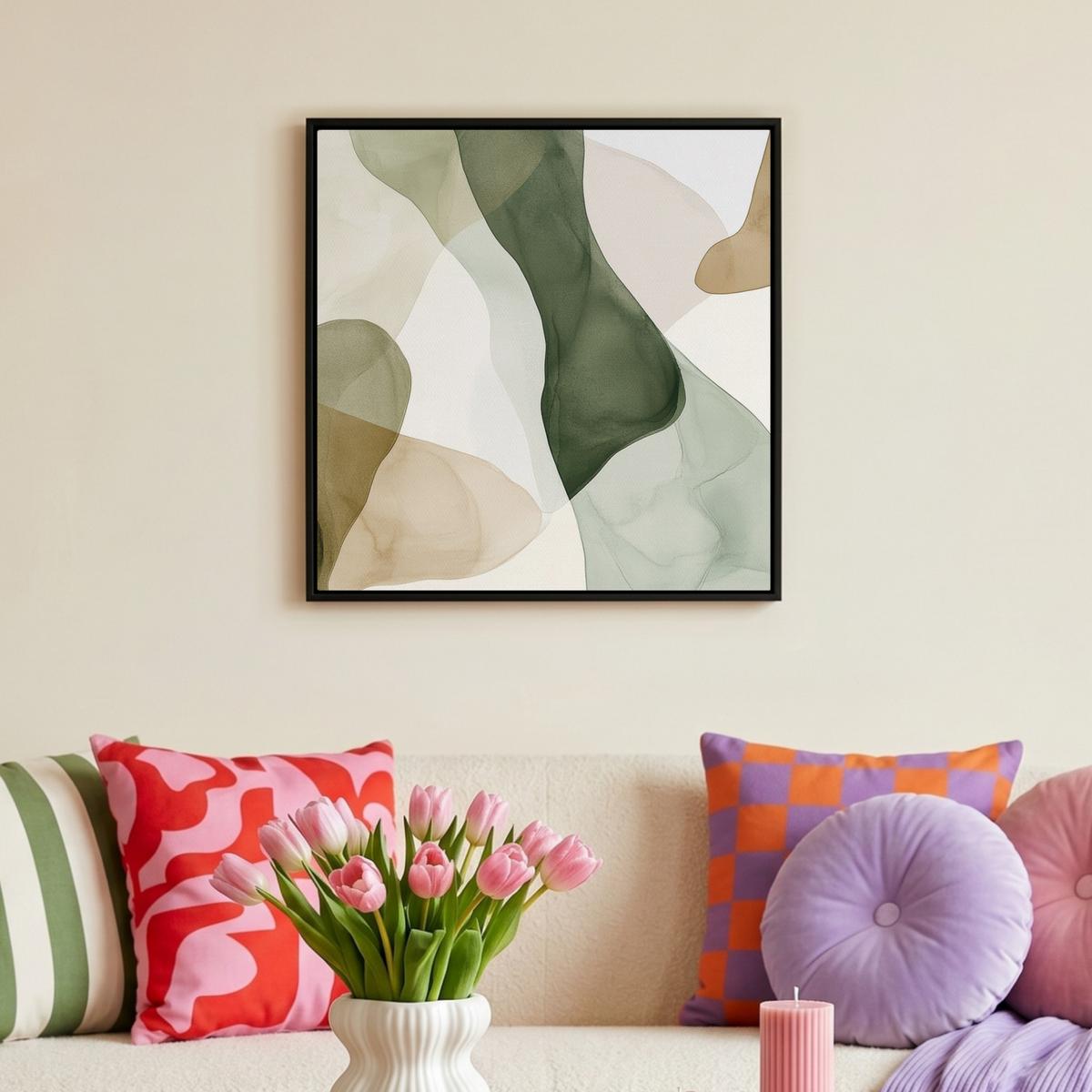 LEINWAND Bilder mit Rahmen - Japandi - Abstrakt - Grün - 50x50 - Salbeigrün, Textil (50/50cm) - MuchoWow