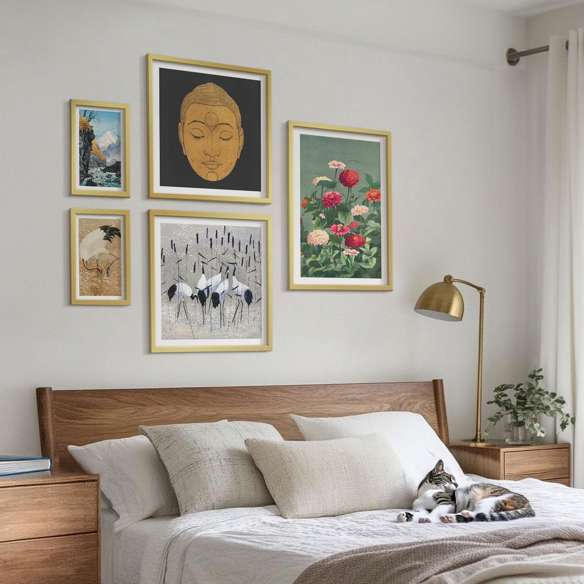 BILDER SET 5er Set - 50x50 cm & 20x30 cm & 40x60 cm Goldrahmen - Abstrakte Berge und Blumen Inspiration - Goldfarben, Kunststoff (40/60cm) - TULUP