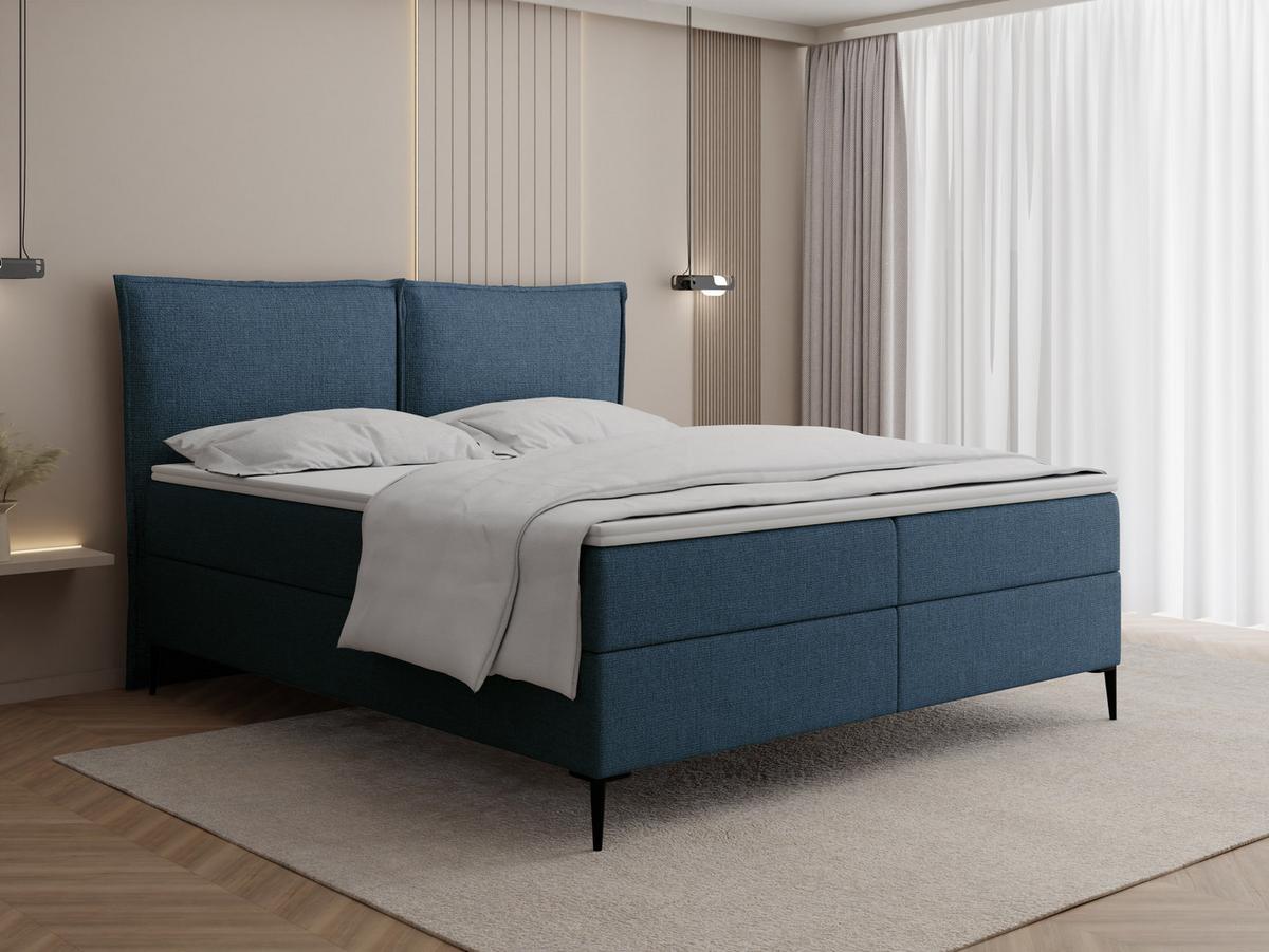 BOXBETT Calio Rise mit Bettkasten, Dunkelblau Chenille 120x200 cm – inkl. H4 Taschenfederkern Matratze & Foam Topper - Schwarz/Dunkelblau, Holz/Holzwerkstoff (120/200cm) - WFL GROUP