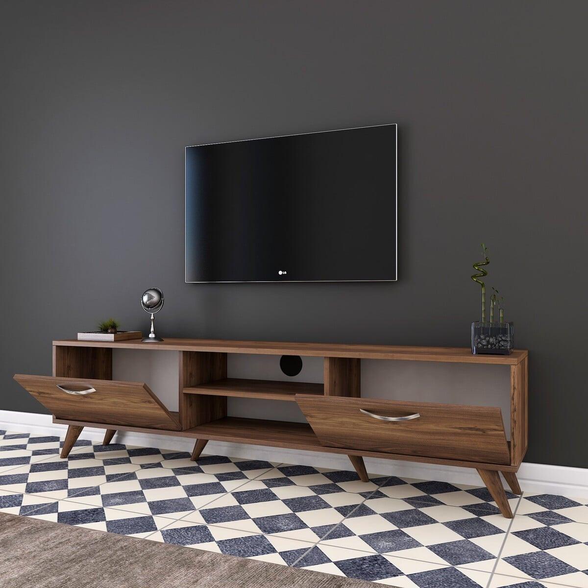TV-MÖBEL 2 Klapptüren 2 offene Fächer in der Mitte Dekor Walnussholz 35/48,6/180 cm - Nussbaumfarben, Holzwerkstoff (180/48.6/40.5cm) - Calicosy