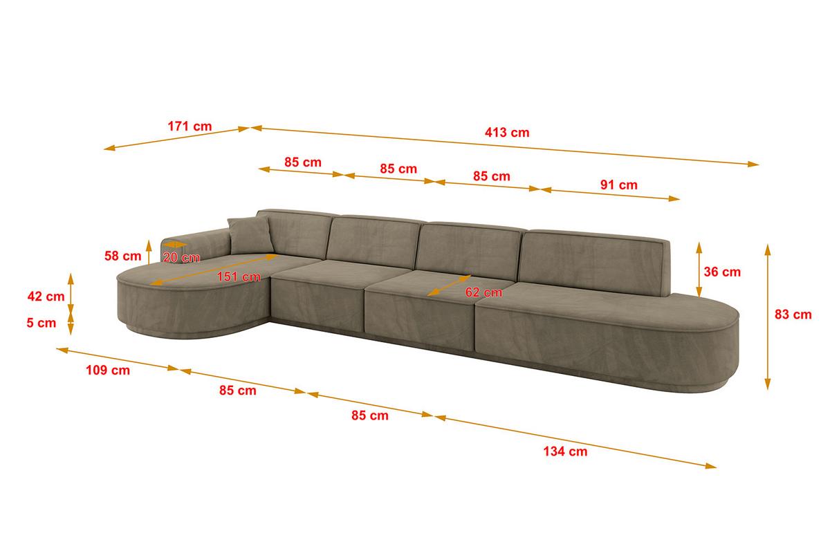 ECKSOFA Ottomane Links MARI-L3-v3 - 413x171x83 cm Dunkelbraun Velours - Dunkelbraun/Schwarz, Holzwerkstoff/Kunststoff (413/171cm) - ALTDECOR