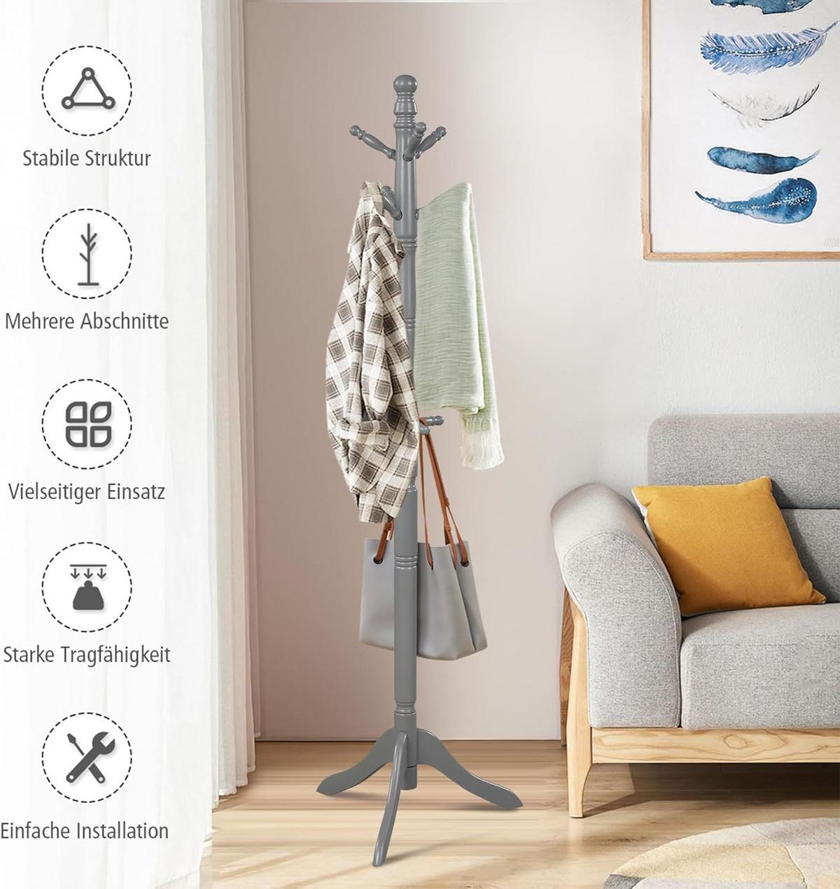 GARDEROBENSTÄNDER 175cm Grau - Grau, Holz (50/175/50cm) - COSTWAY