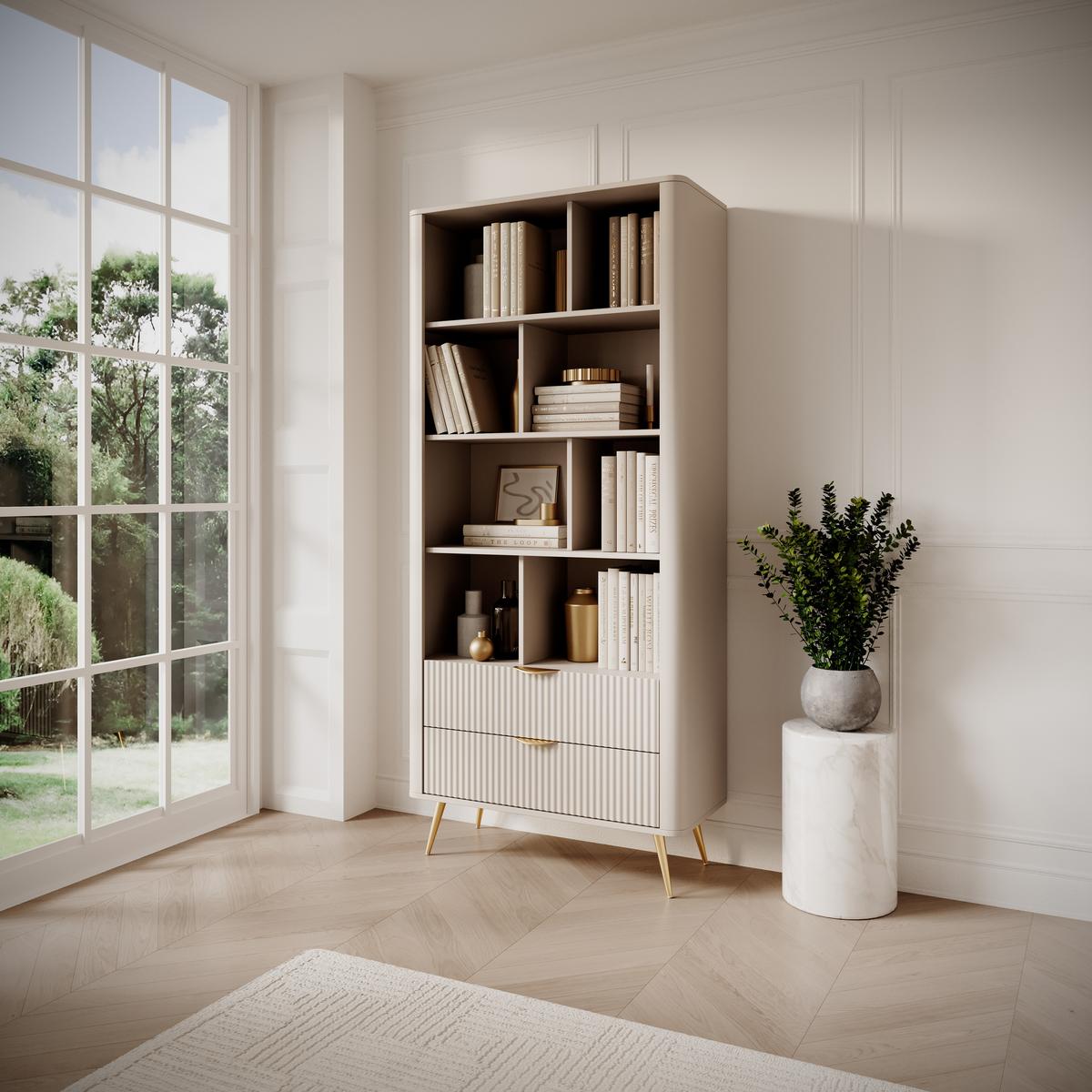 REGAL Vespasia 2S Beige 88,2/193,8/38 cm – Geriffelten Fronten - Beige/Goldfarben, Holzwerkstoff/Metall (88.2/193.8/38cm) - AX Living