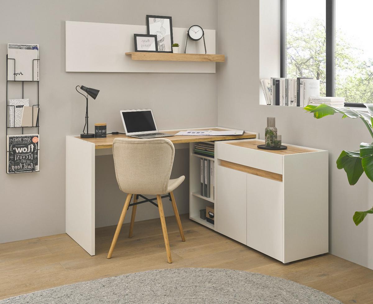 SCHREIBTISCHKOMBINATION 4-teilig weiß matt, Eiche Wotan, Büromöbel Set mit viel Stauraum - Eichefarben/Eiche Wotan, Holzwerkstoff/Kunststoff (140/143/180cm) - Furn.Design