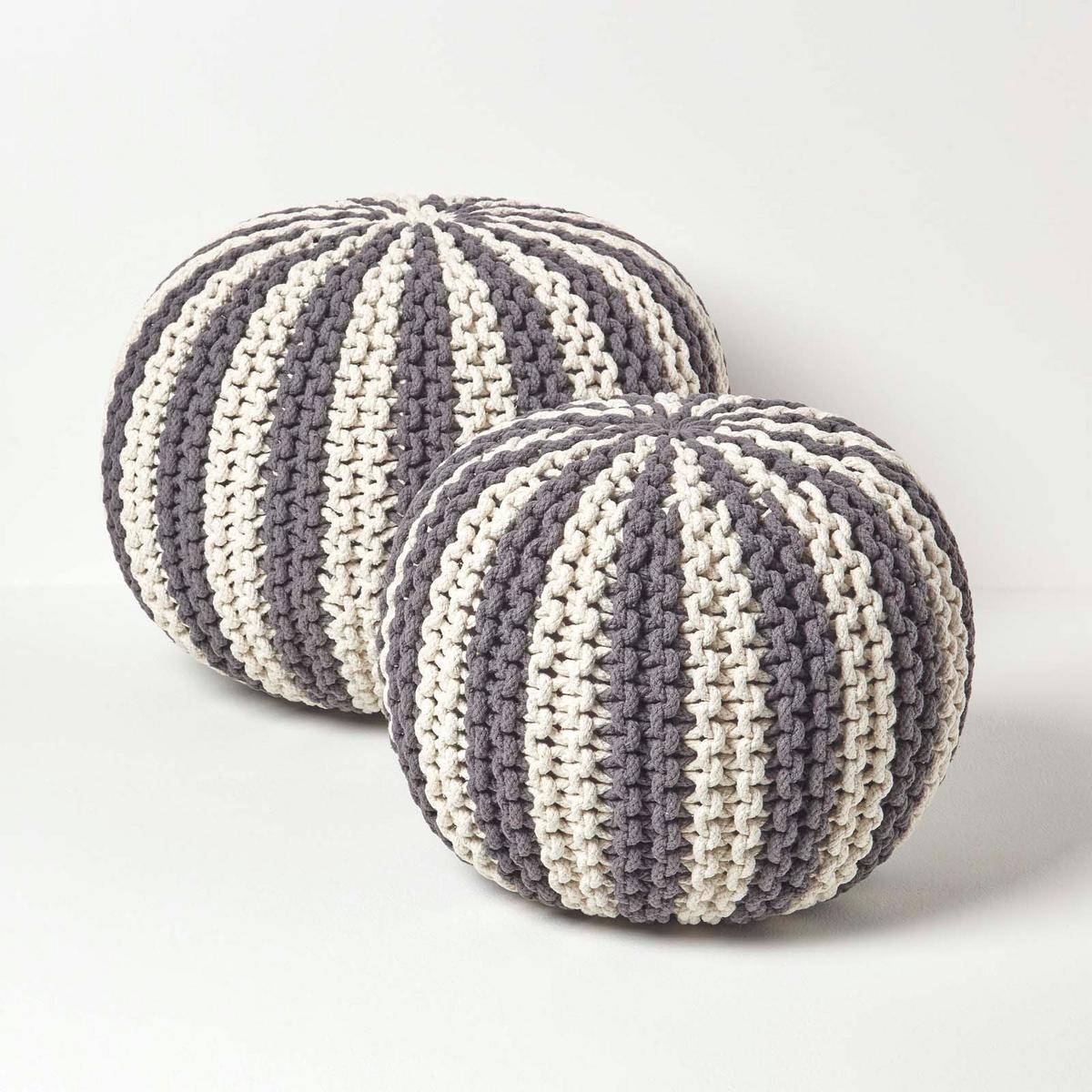 STRICKPOUF rund, grau-creme gestreift, 50/50/40 cm - Grau, Textil (50/40/50cm) - Homescapes