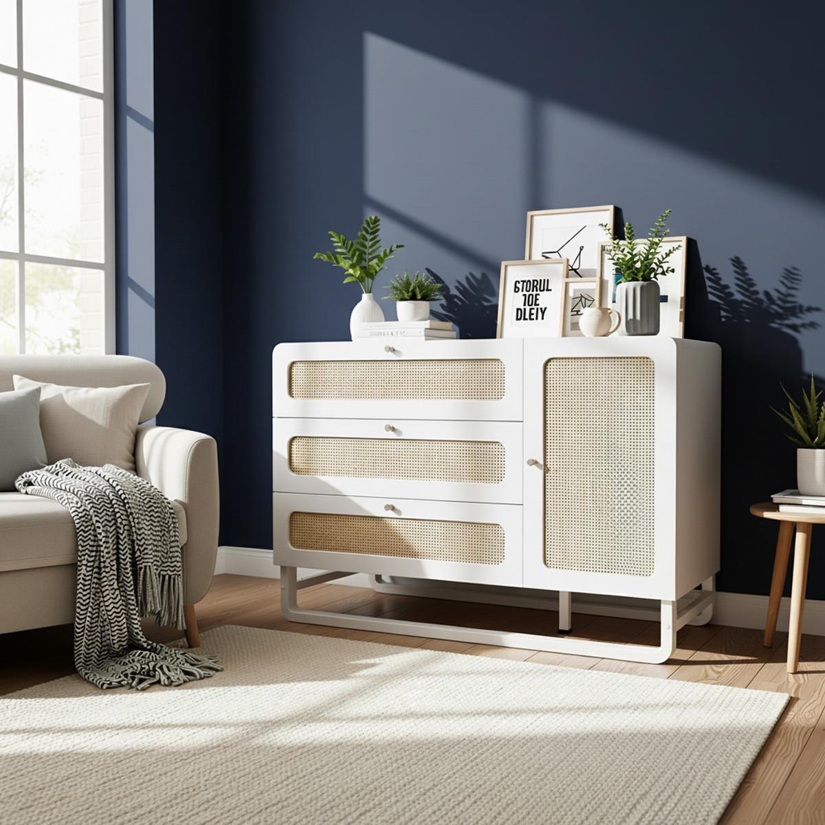 KOMMODE 120 cm in Weiß & Rattan-Optik Sideboard mit 3 Schubladen - Weiß, Holzwerkstoff/Metall (120/85/40cm) - Urban Meuble