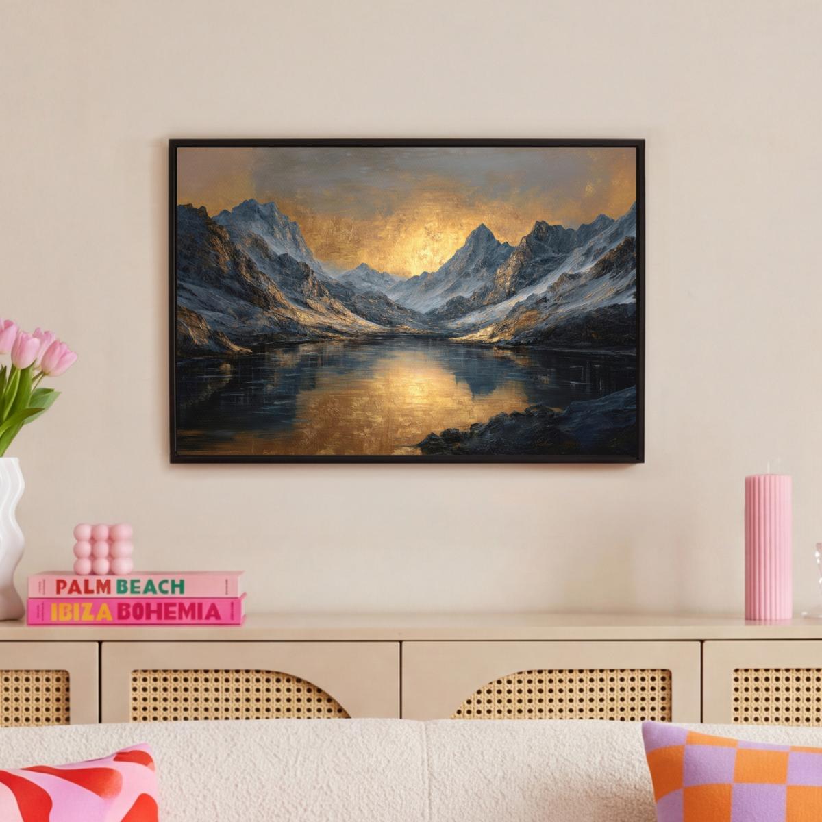 LEINWAND Bilder mit Rahmen - Bergkulisse mit goldenem Sonnenuntergang - 60x40 - Goldfarben, Textil (60/40cm) - MuchoWow