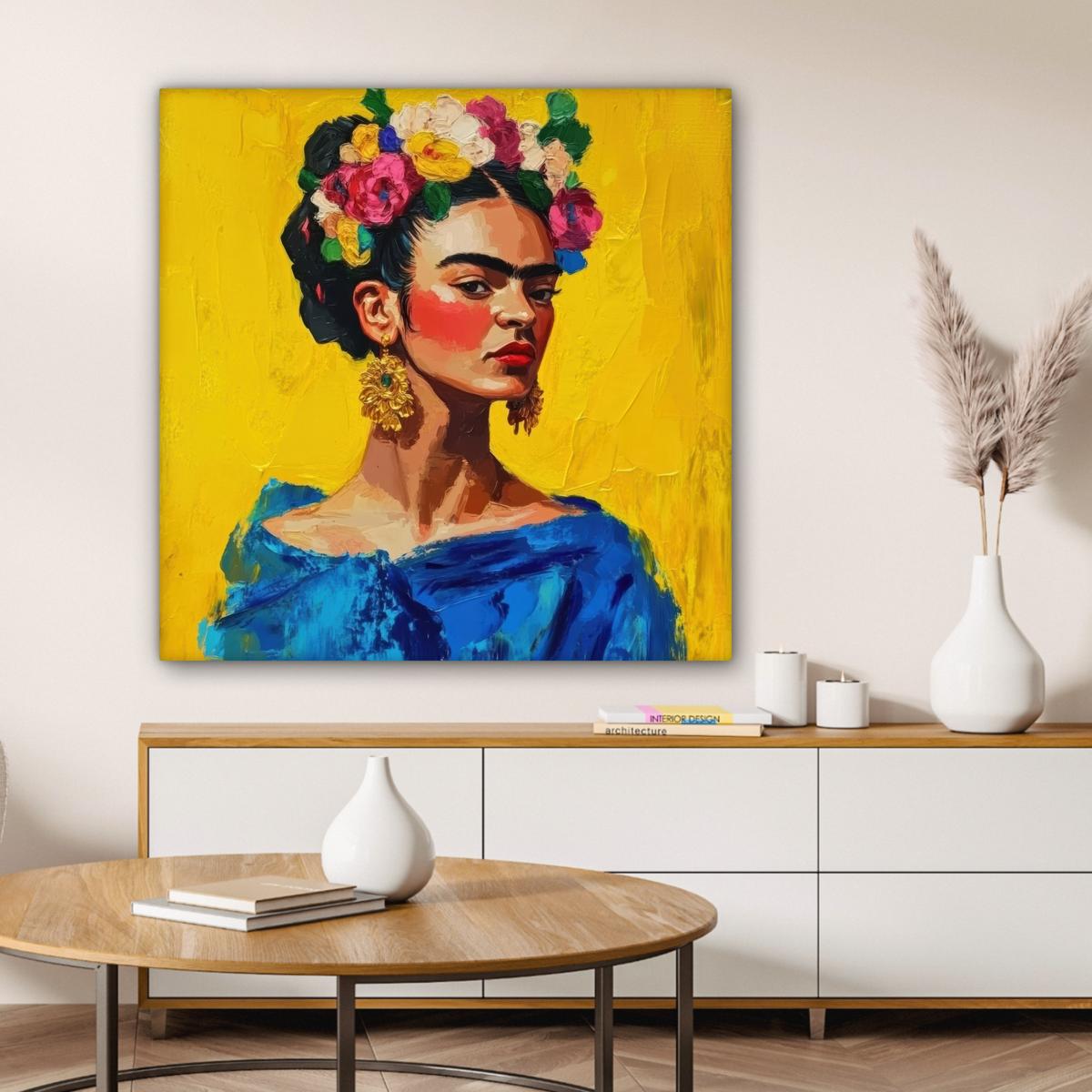 LEINWANDBILD Frida Kahlo - Frau - Gelb - Blau - Blumen Deko Groß 90x90 cm - Gelb, Textil (90/90cm) - MuchoWow