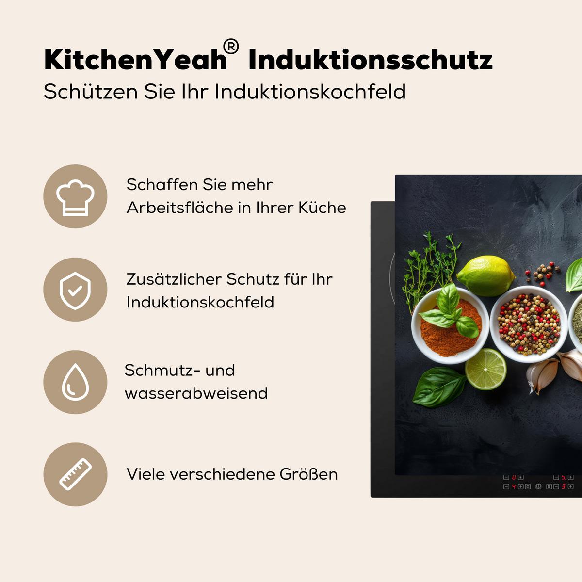 HERDABDECKPLATTE Kräuter - Gewürze - Konkrete Optik - Stilleben Ceranfeldabdeckung 90x52 cm - Multicolor, Kunststoff (90/52/0.2cm) - MuchoWow