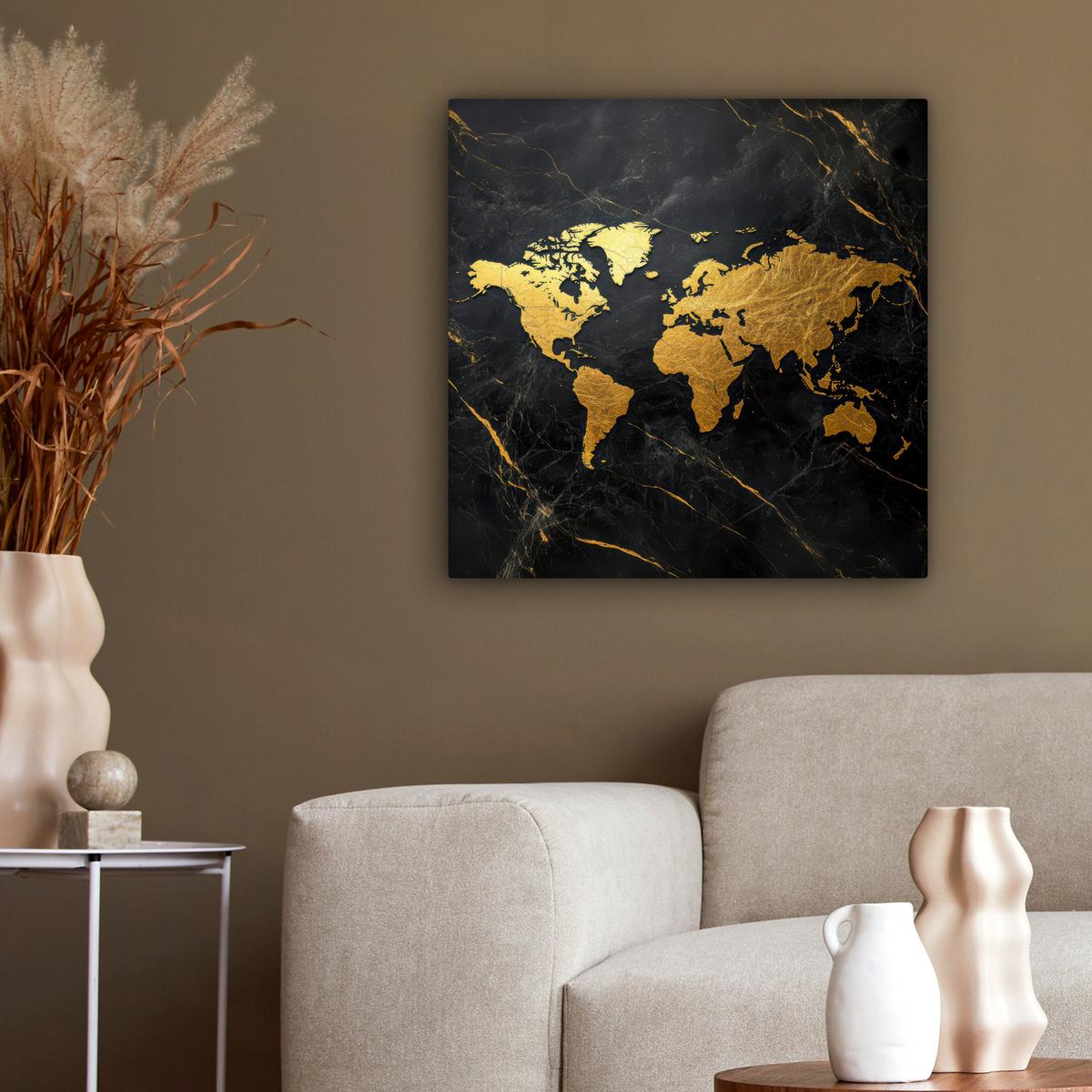 LEINWANDBILD Weltkarte - Gold - Marmor Wandbild Wohnzimmer 50x50 cm - Goldfarben, Textil (50/50cm) - MuchoWow