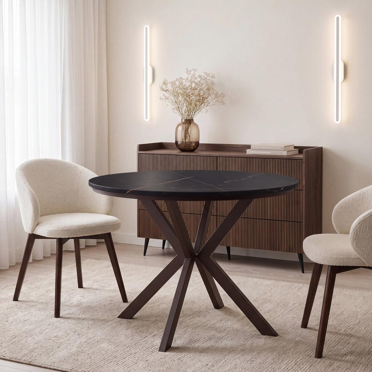 ESSTISCH Valio rund oval ausziehbar verlängerbar mit braunen Metallbeinen, Schwarz Marmor Kupfer 100-130/100/76 cm - Braun/Kupferfarben, Holzwerkstoff/Metall (100/130/76cm) - WFL GROUP