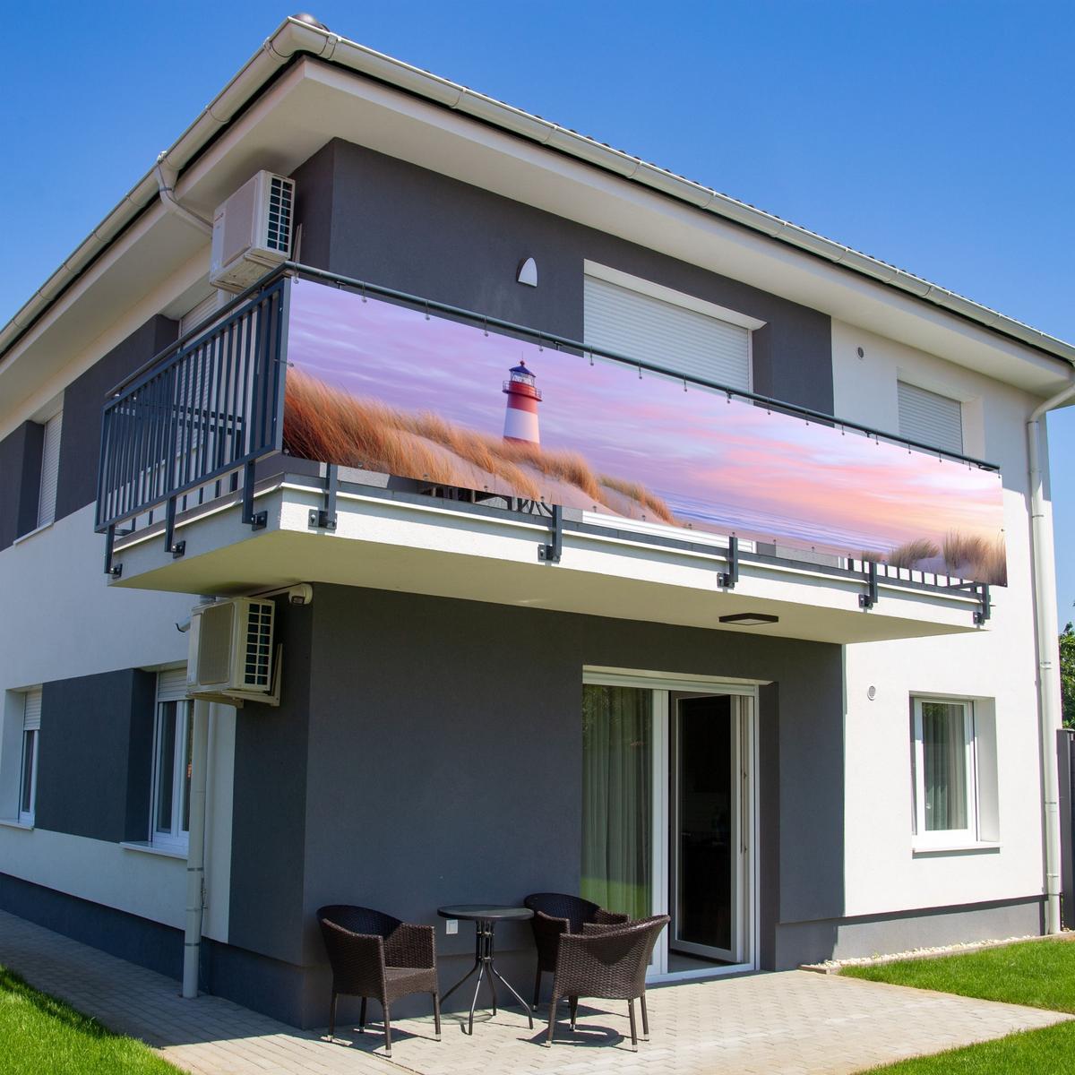 BALKON-SICHTSCHUTZ Leuchtturm - Dünen - Sonnenuntergang Deko XXL 500x100 cm - Hellrosa, Kunststoff (500/100cm) - MuchoWow