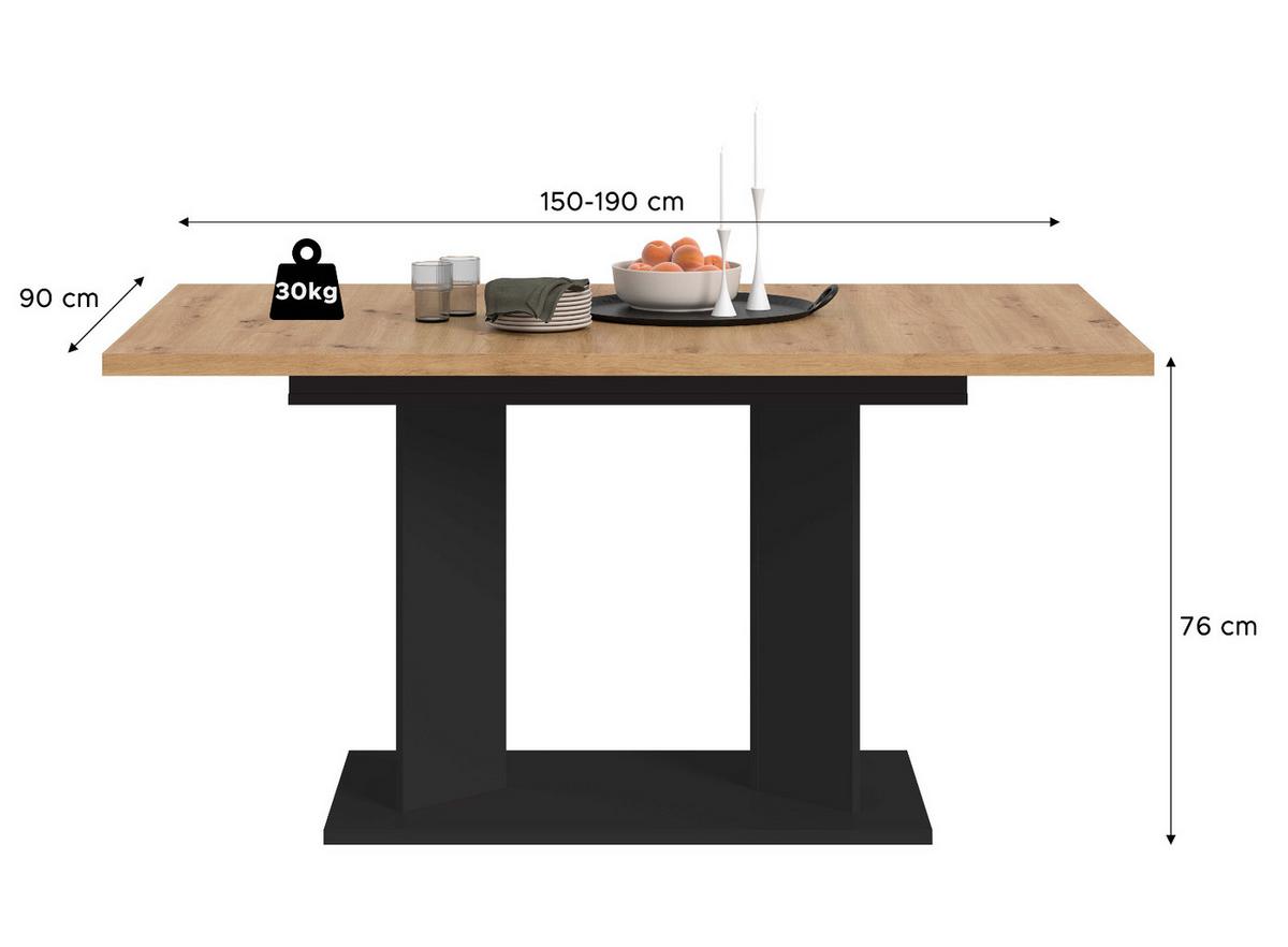 ESSTISCH Eiche Artisan, schwarz 150 - 190 x 90 cm, Küchentisch ausziehbar - Schwarz/Eiche Artisan, Holzwerkstoff (90/150/76cm) - Inn.Furn