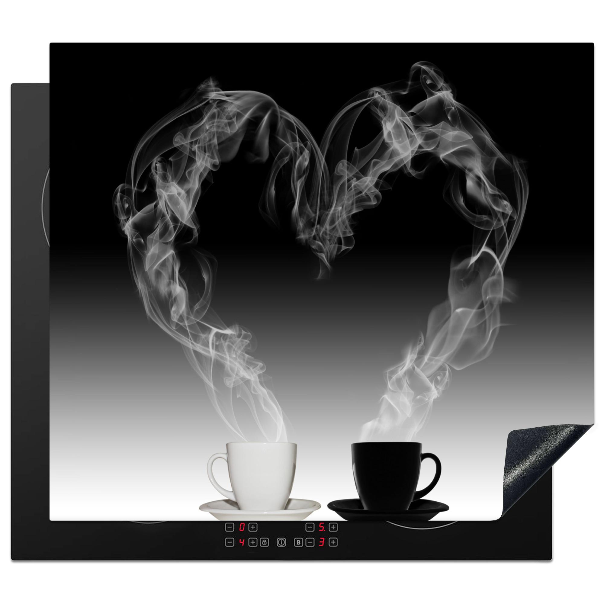 HERDABDECKPLATTE Kaffee - Herz - Schwarz und weiß - Tassen Abdeckung Ceranfeld 59x51 cm - Weiß, Kunststoff (59/51/0.2cm) - MuchoWow