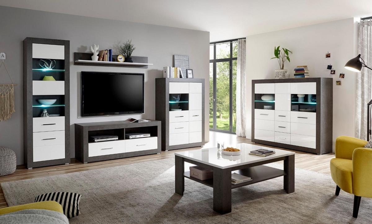 VITRINE weiß Hochglanz, grau Stone 100 cm, Vitrinenschrank 3-türig - Chromfarben/Weiß Hochglanz, Glas/Holzwerkstoff (100/142/35cm) - Furn.Design