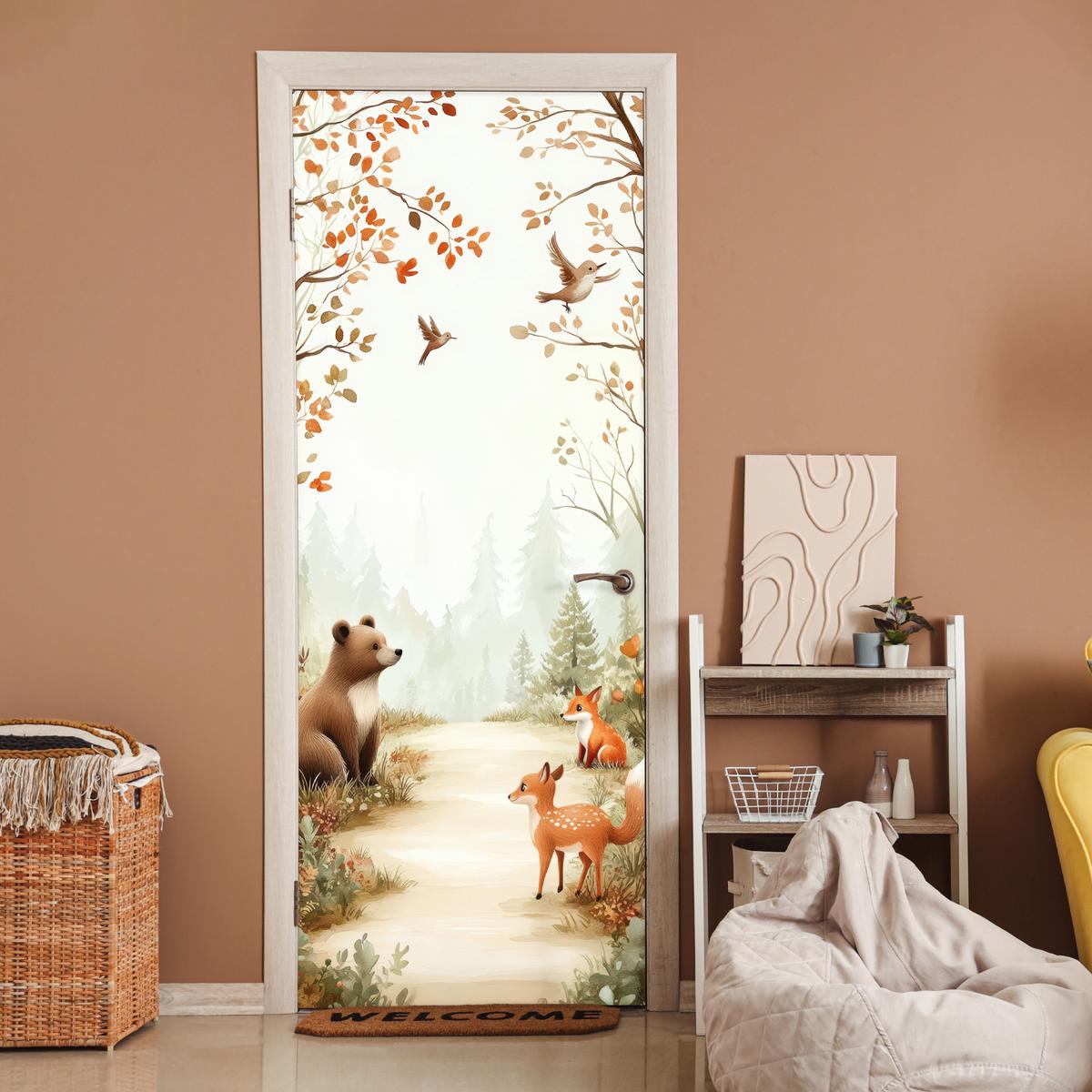 TÜRAUFKLEBER Wald - Herbst - Waldtiere - Bär - Fuchs 90x235 cm - Türtapete - Kastanienfarben, Kunststoff (90/0.1cm) - MuchoWow