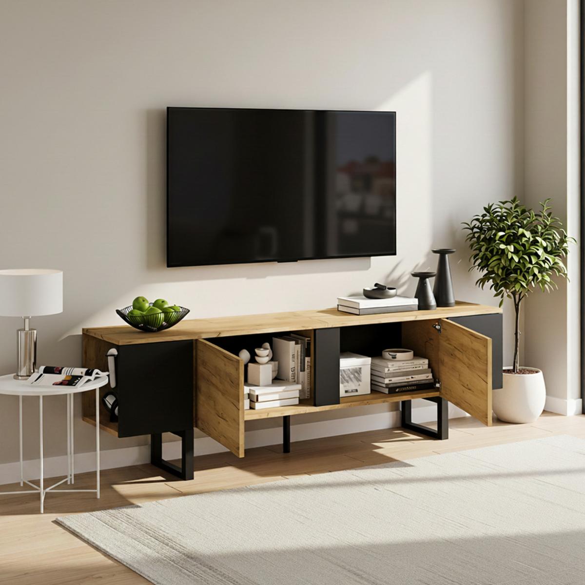TV-LOWBOARD holzwerkstoff natur & schwarz für tvs bis 75 zoll - Naturfarben, Holzwerkstoff (180/55/40cm) - Urban Meuble