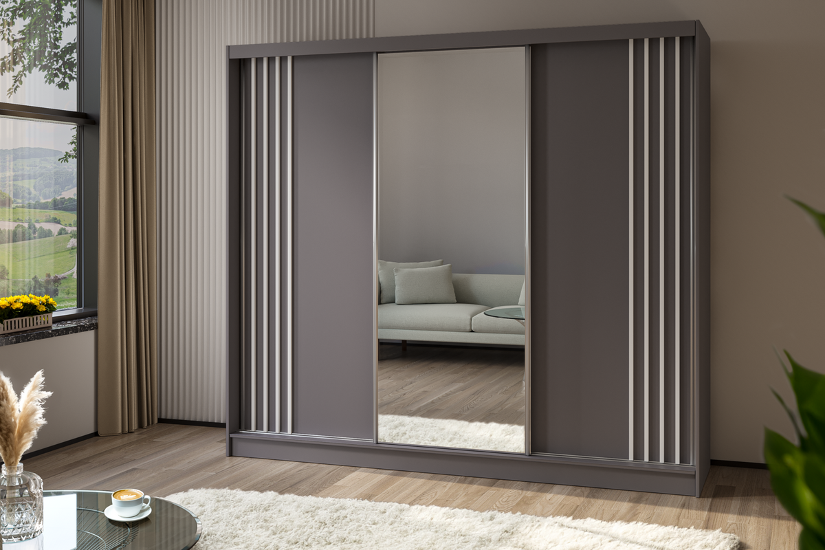 KLEIDERSCHRANK mit Spiegel-Schiebetüren und Aluminium-Leisten, LED-Beleuchtung - NALLA - 240 cm Grau+Grau+Weiß - Weiß/Grau, Holzwerkstoff (240/216/61cm) - ALTDECOR