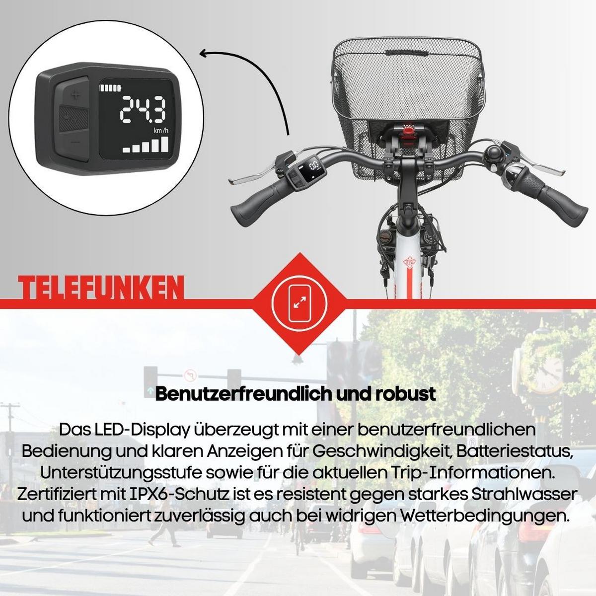 E-BIKE Cityrad Multitalent RC657 28 Zoll Elektrofahrrad 536,5 Wh Frontmotor 7-Gang-Kettenschaltung - Weiß, Metall (110cm) - Telefunken