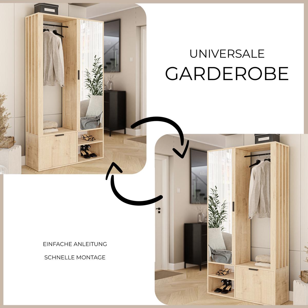 GARDEROBENSCHRANK mit Spiegel-mit Ablagen und Kleiderstange - Braun, Holzwerkstoff (100/190/33cm) - Idohome