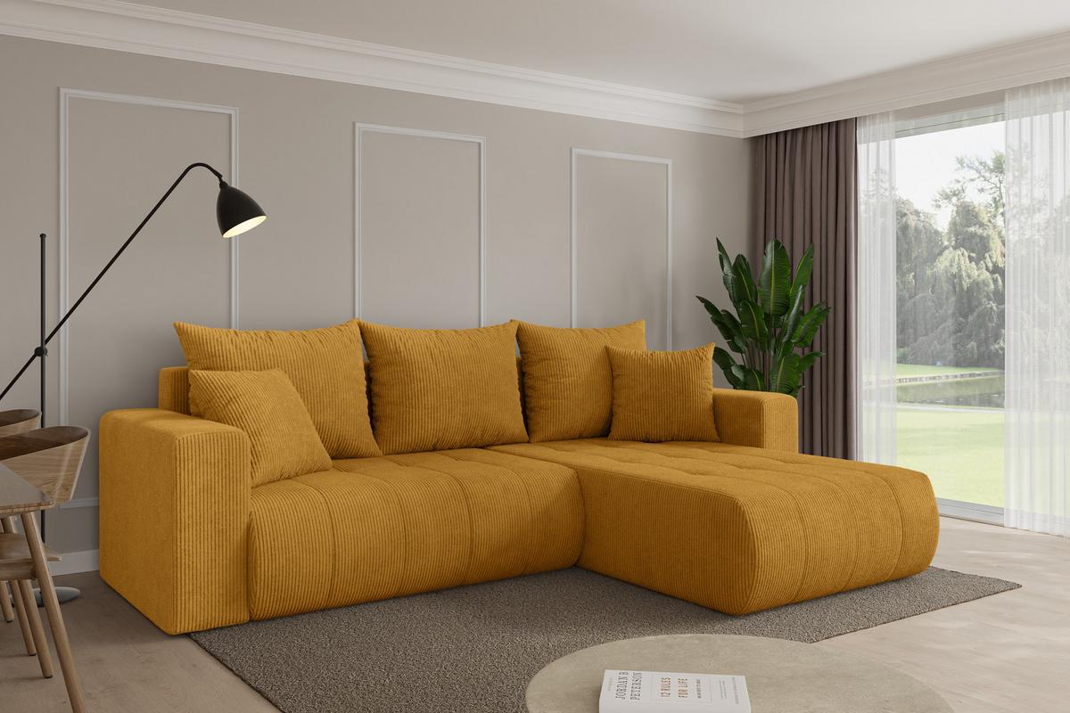 ECKSOFA mit Schlaffunktion Ottomane Rechts MILA-L 277x194x86 Senfgelb Cord - Dunkelgelb/Schwarz, Holzwerkstoff/Kunststoff (277/194cm) - ALTDECOR