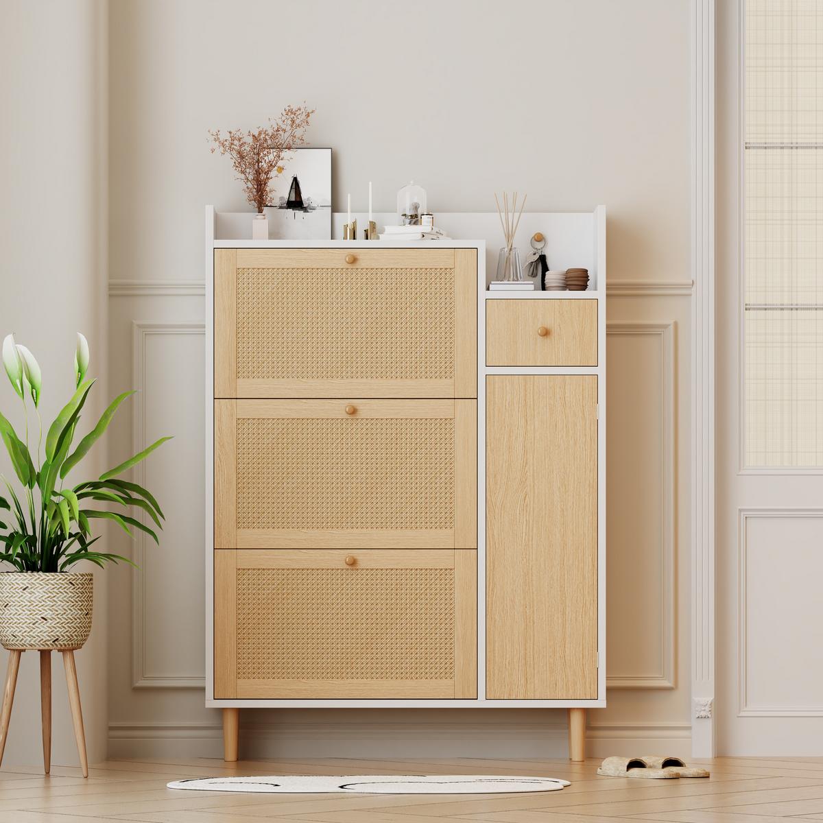 SCHUHESCHRANK Rattan Flach Weiß & Natur Mit 3 Kipp-Türen & 1 Schublade - Naturfarben, Holzwerkstoff (90/125/17cm) - Urban Meuble