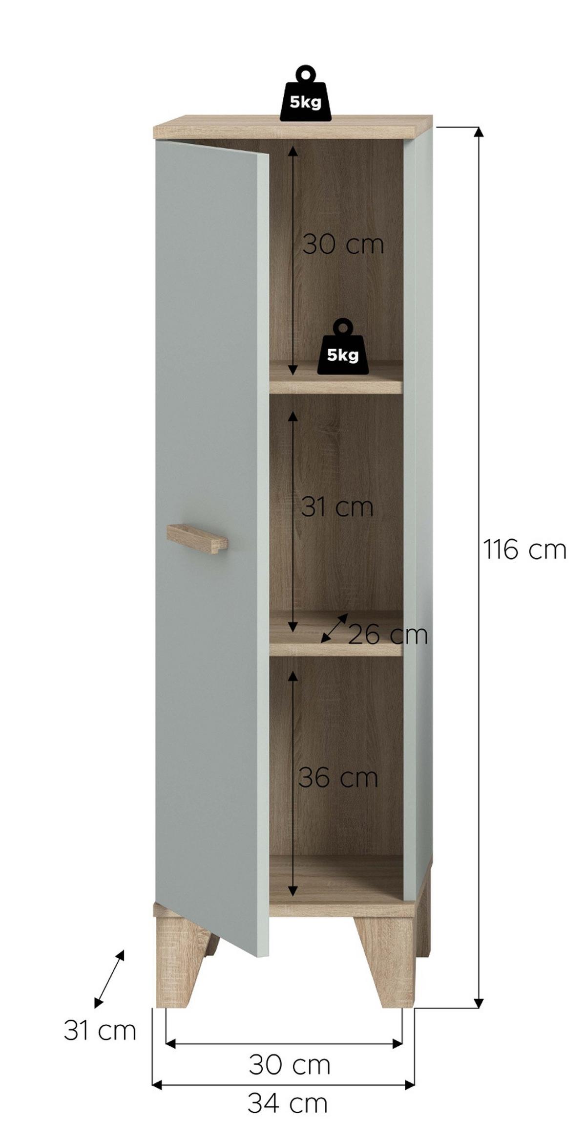 MIDISCHRANK grün, Eiche 34 x 116 cm, Bad Kommode skandinavisches Design - Eichefarben/Grün, Holzwerkstoff (34/116/31cm) - Inn.Furn