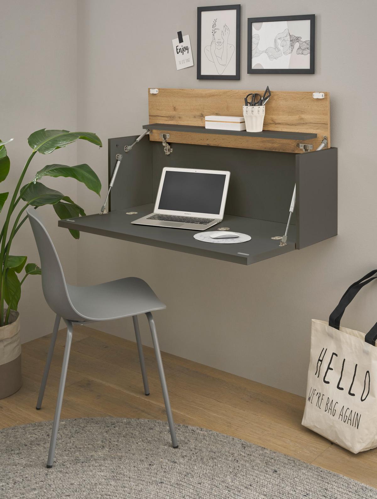 SEKRETÄR Grau matt, Eiche Wotan 100 cm, Wandschrank mit klappbarem Oberboden - Eiche Wotan/Grau, Holzwerkstoff (30/100/35cm) - Furn.Design