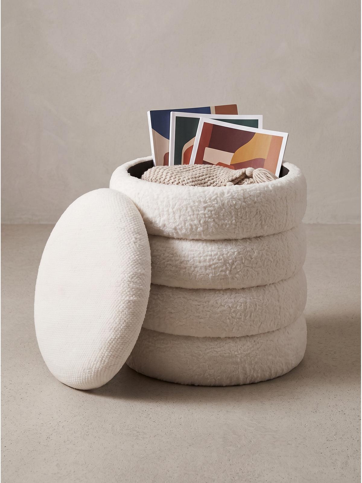 SITZHOCKER RHONE, Teddystoff, mit Textilbezug, Creme, Ø 40 x 45 cm - Beige/Creme, Textil (40/45/40cm) - KADIMA DESIGN