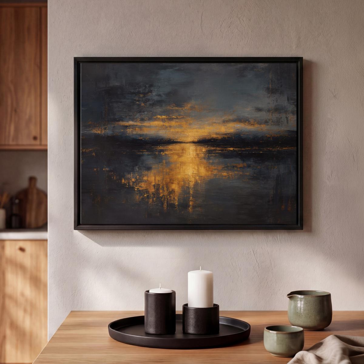 LEINWAND Bilder mit Rahmen - Goldene Reflexion auf dem Wasser - 40x30 - Anthrazit, Textil (40/30cm) - MuchoWow
