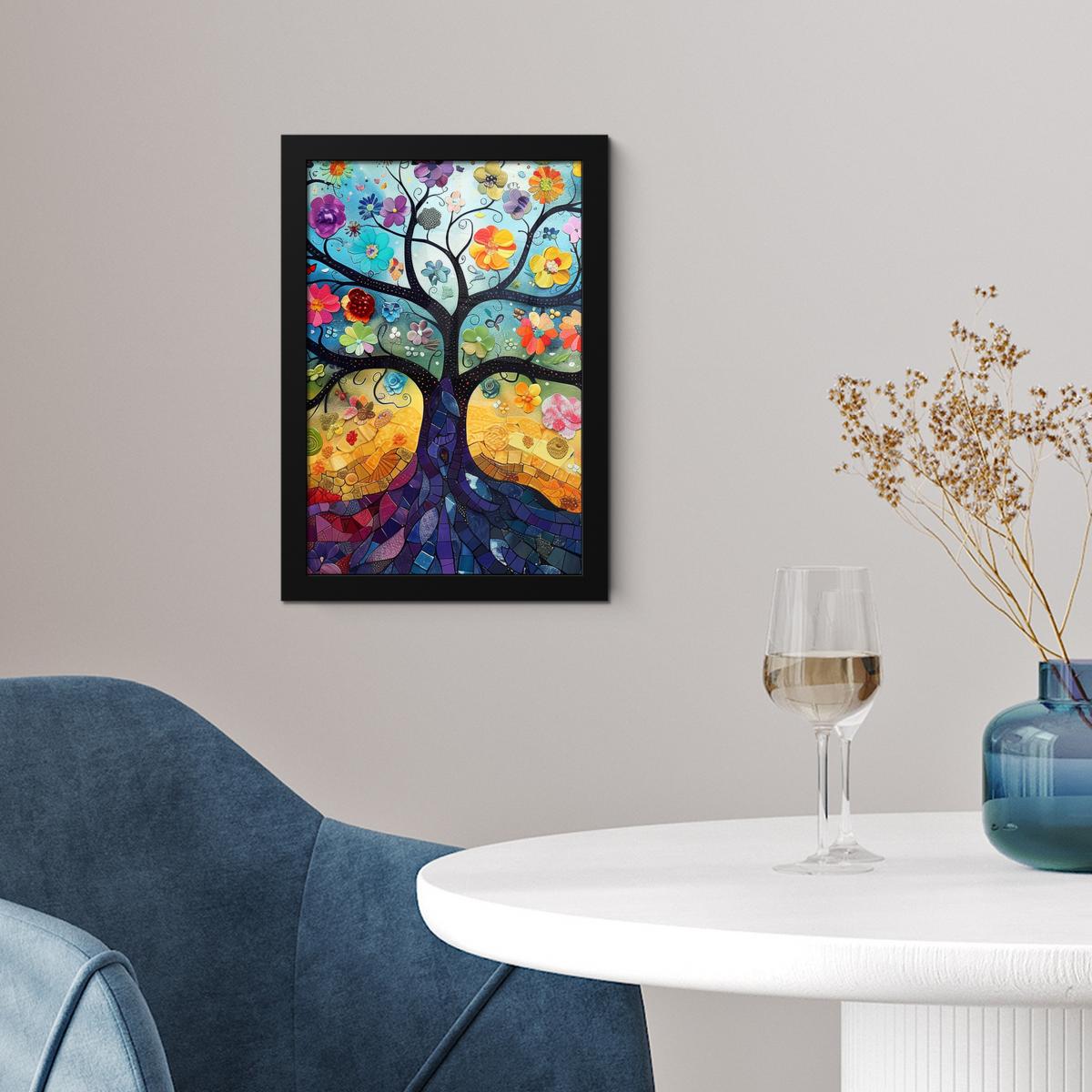 POSTER MIT RAHMEN Kunst - Baum des Lebens - Blumen - Hippie Poster 20x30 cm - Dunkelblau, Papier (20/30cm) - MuchoWow