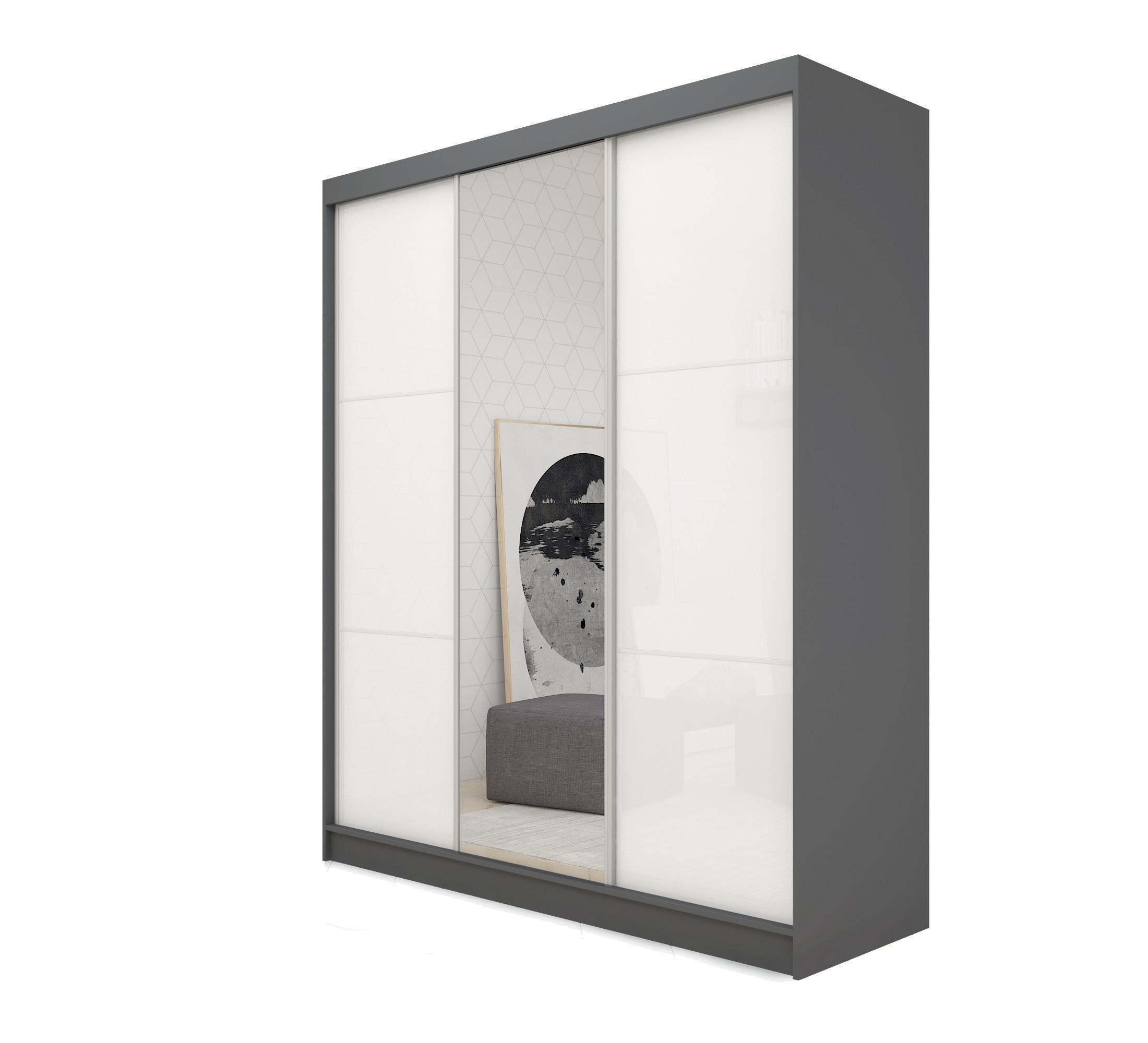 SCHWEBETÜRENSCHRANK VITALE 180/216/61 cm 3-türig mit Spiegel Grau - Weiß/Grau, Holzwerkstoff (180/216/61cm) - MASSENO