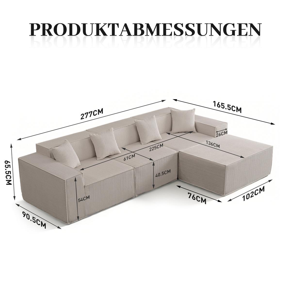 ECKSOFA cordstoff 279 cm flexibles design - Beige, Textil (279/165cm) - Urban Meuble
