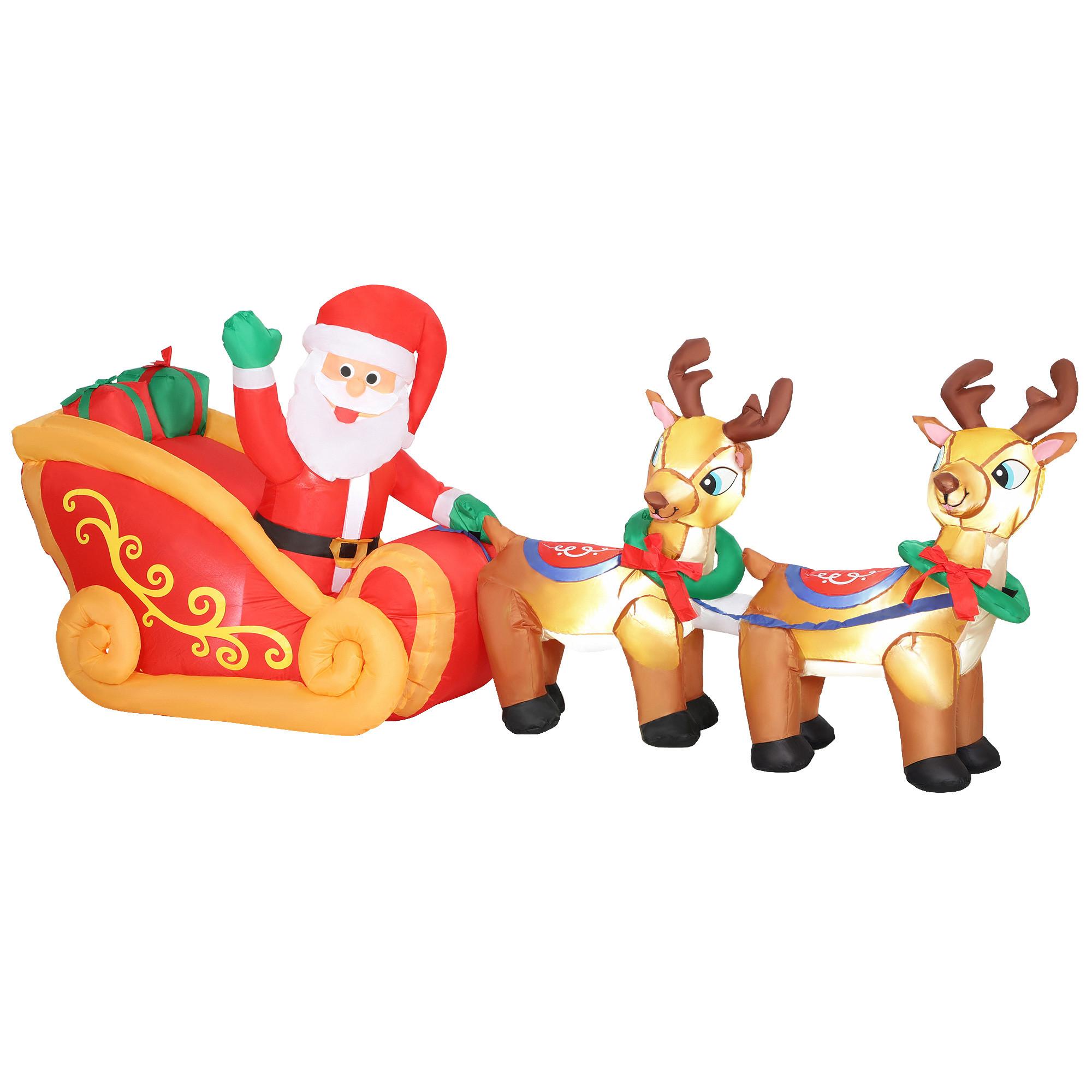240 cm Aufblasbarer Weihnachtsmann auf Schlitten mit 2 Rentier LED-Lichtern - Rot, Textil (75/100/240cm) - Outsunny