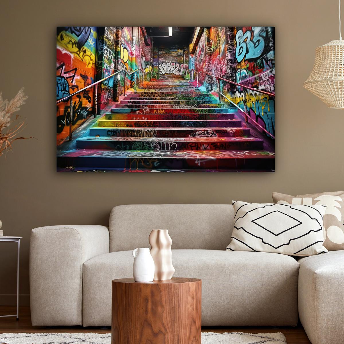 LEINWANDBILD Treppe - Graffiti - Farben - Kunst Groß 140x90 cm - Multicolor, Textil (140/90cm) - MuchoWow