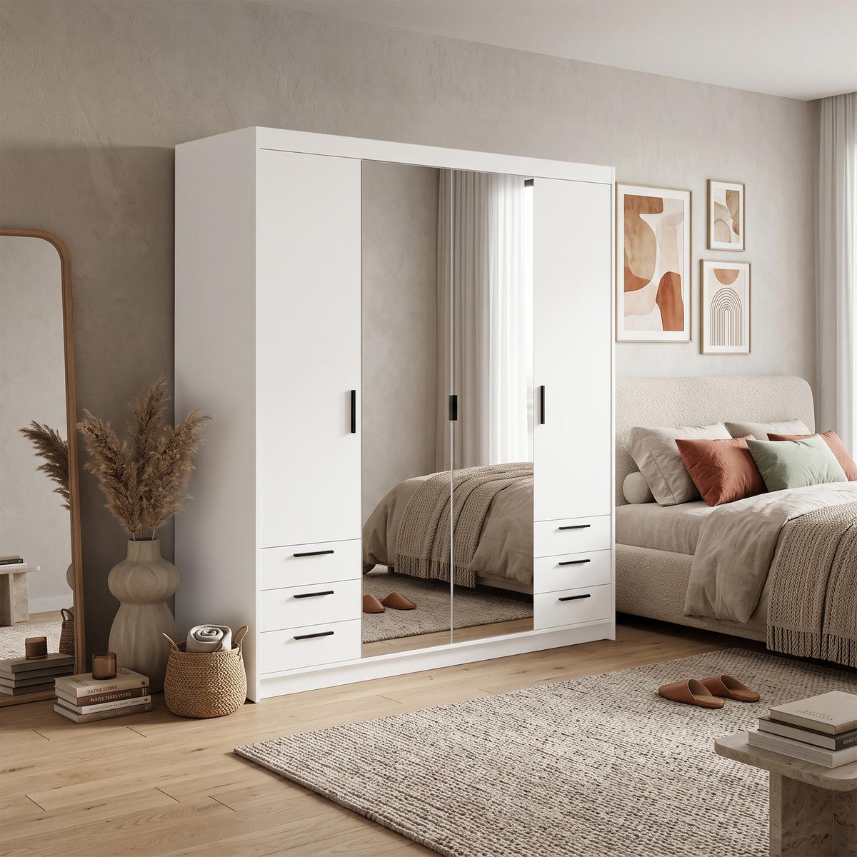 DREHTÜRENSCHRANK Elena mit 4 Türen, 6 Schubladen und Spiegel, 176 cm, Weiß - Weiß, Holzwerkstoff (176/190/53cm) - Beautysofa