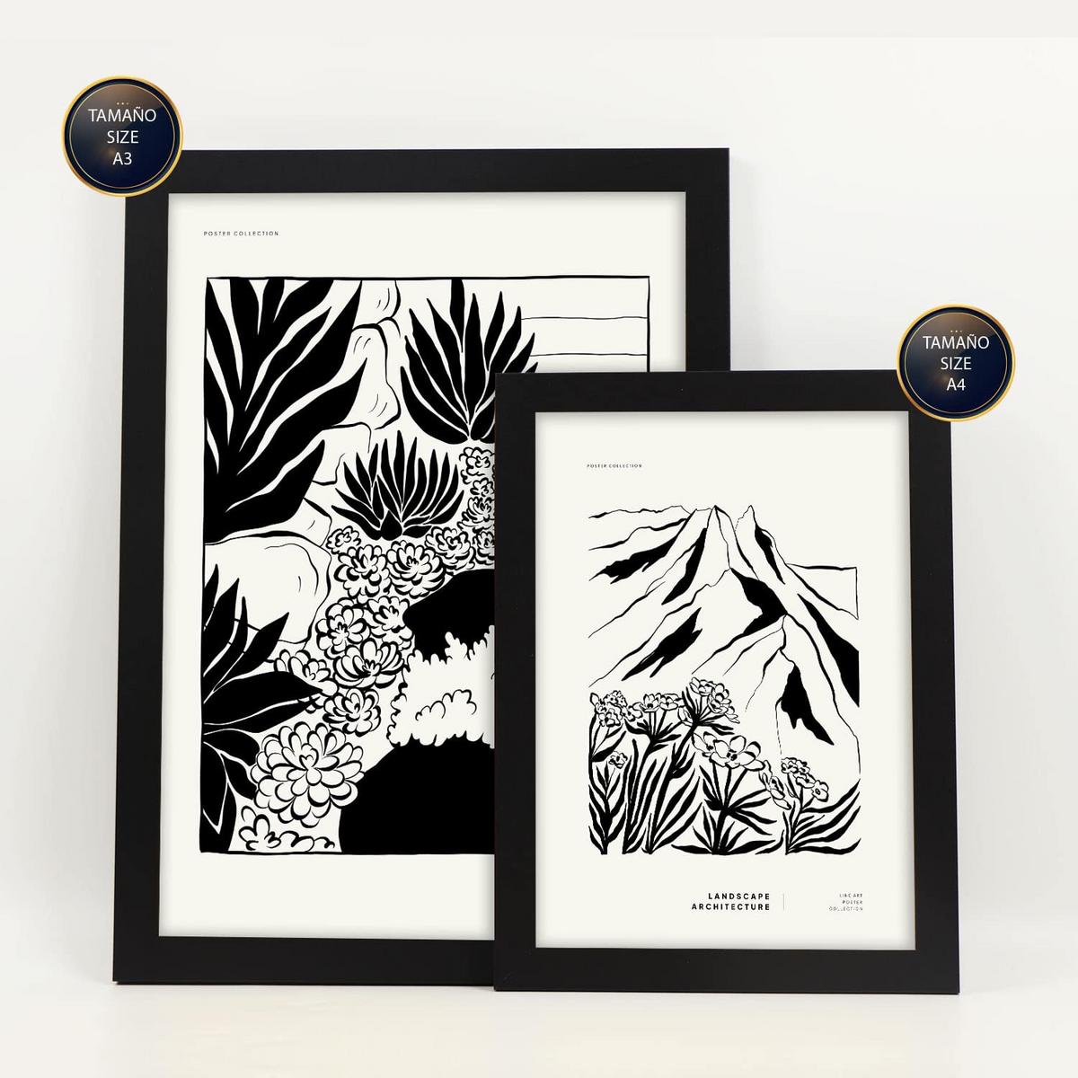 POSTER Set Mit 6 In Schwarzer Tinte Saftiger Garten Künstlerische Und Abstrakte Drucke Für Innenarchitektur A3 & A4 Schwarzer Rahmen - Schwarz, Papier (29/3cm) - Nacnic